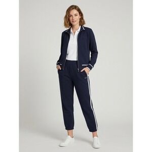St John Sport Marie Gray Navy Blue Side Stripe Sweatpants Joggers Size S